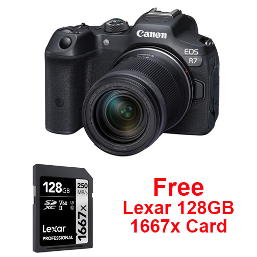 Canon EOS R7 Camera with RF-S 18-150mm Lens + 128GB 1667x SD Card. Canon Canada Authorized