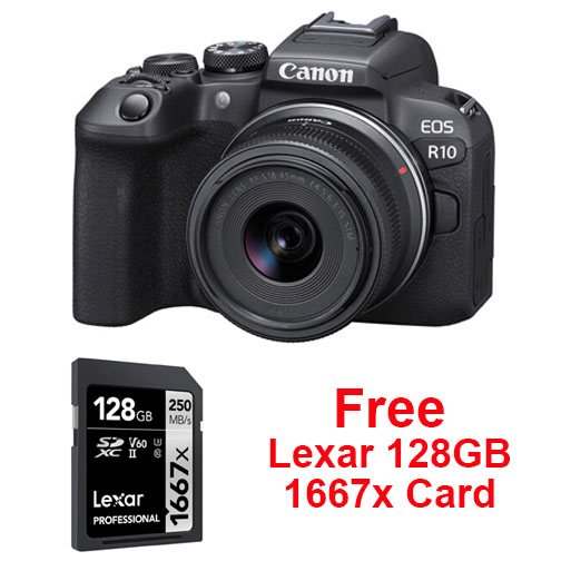 Canon EOS R10 Mirrorless Camera with RF-S 18-45mm STM + 128GB 1667x SD Card. Canon Canada Authorized