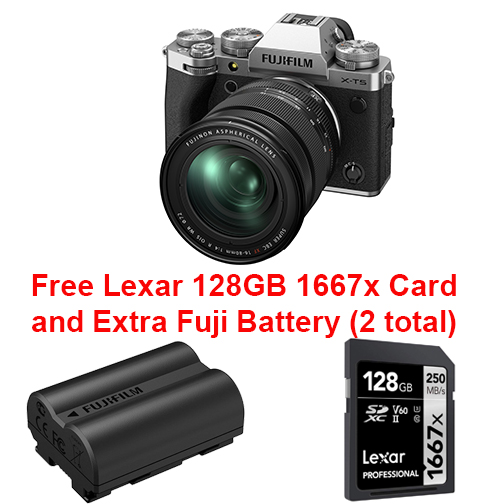 Fujifilm X-T5 Bundle with XF16-80 f4 R OIS WR lens kit Silver + Lexar 128GB 1667xSD + NPW235 Battery