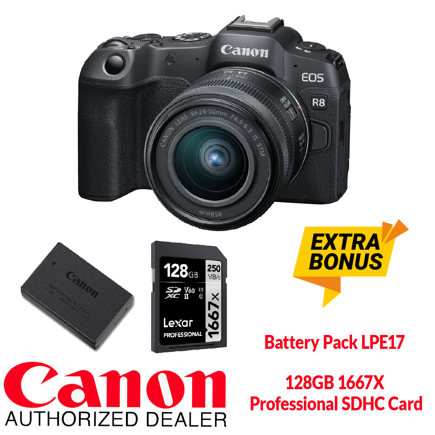 Canon EOS R8 Mirrorless RF24-50mm f4.5-6.3 + Battery LPE17+ 128GB 1667X.  Canon Canada Authorized.