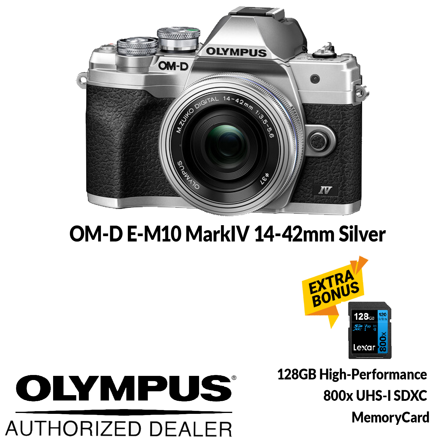 OM-D E-M10 MarkIV 14-42mm Silver +  128GB 800x Lexar Memory CardOM Canada Authorized