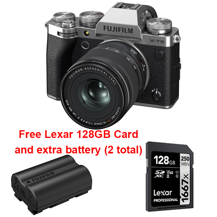 Fujifilm X-T5 Bundle with XF16-50mm f2.8-4 LM WR lens kit Silver + Lexar 128GB 1667x Card + NPW235