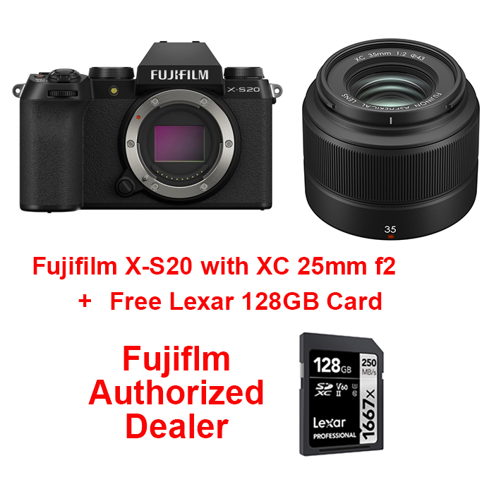 Fujifilm X-S20 Bundle Black Body with XC 35mm f2 + Lexar 128GB Card. Fujifilm Canada Authorized