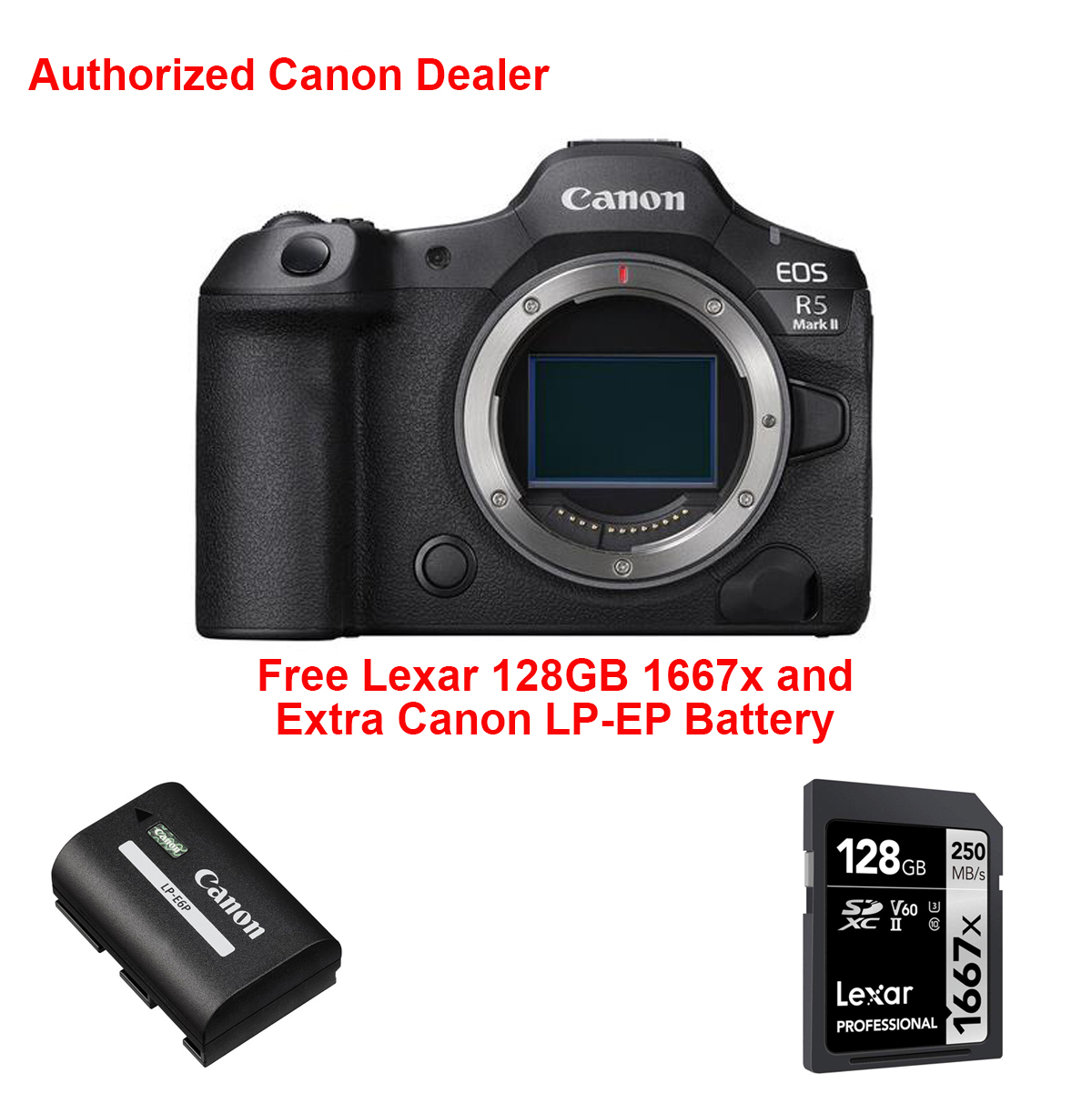 EOS R5 Mark II Camera Body + Canon Extra battery  + 128GB SD Card. Canon Canada Authorized