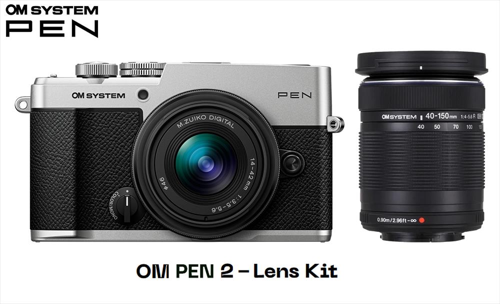 PEN Silver 2-lens kit includes 14-42mm and 40-150mm BONUS Strap