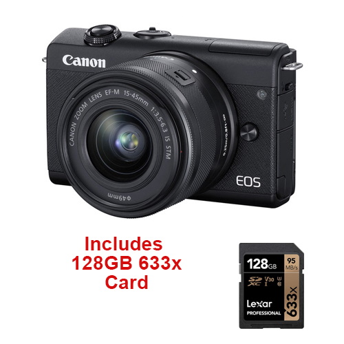 Canon M200 with 15-45mm Lens Black + Lexar 128GB 667x Card
