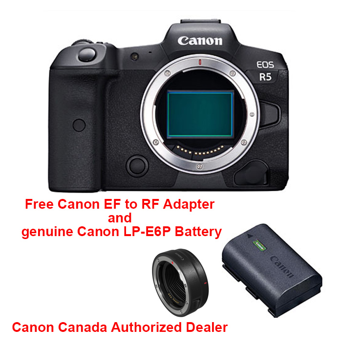 Canon EOS R5 + Canon LP-E6P Battery + EF to RF Adapter. Canon Canada Authorized