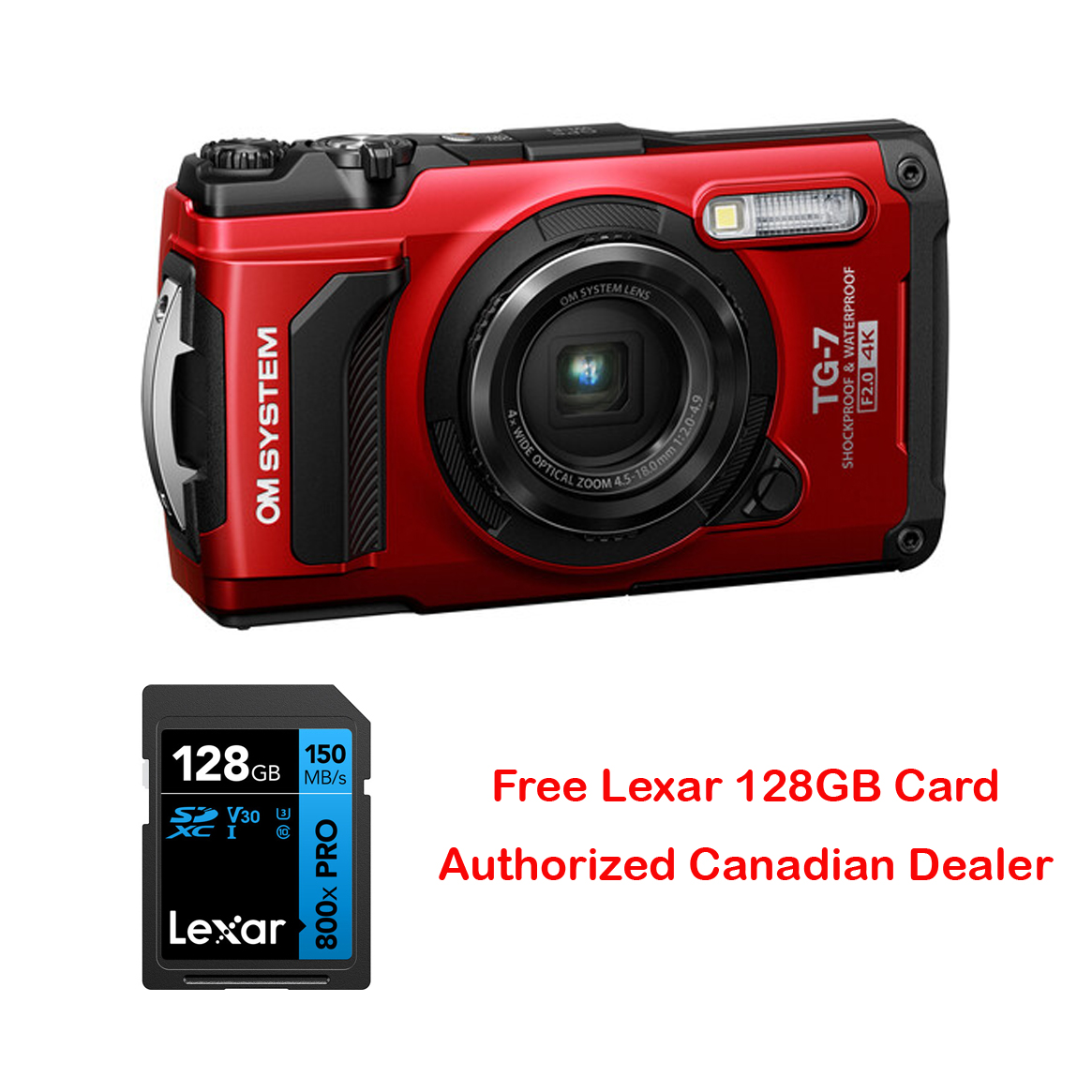 OM System TG-7 Tough Red Shockproof Waterproof Camera with BONUS 128GB Card